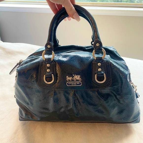 Coach Purse Patent Leather Satchel Navy Glossy Crinkle Blue Handbag Rare Color - Picture 1 of 7